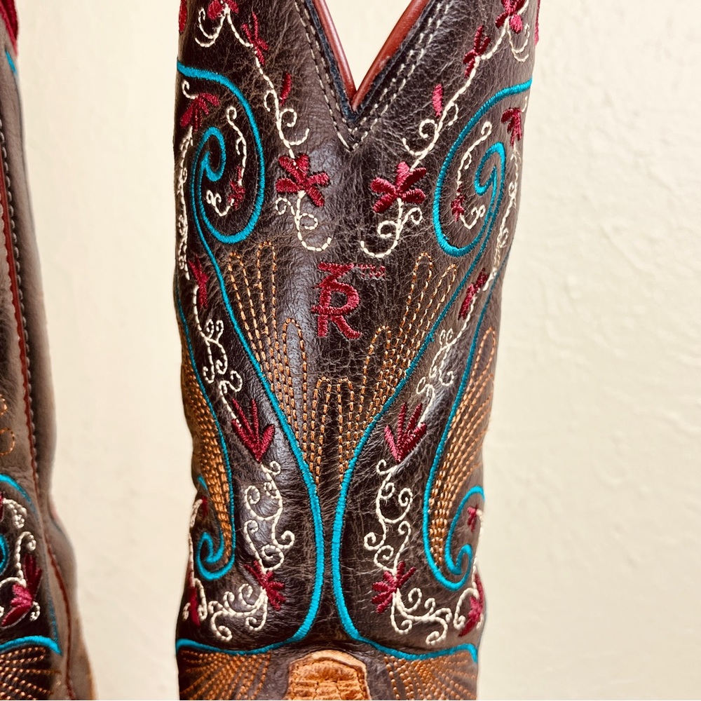 Tony Lama Brown Leather Western Heeled Boots with Turquoise & Red Embroidery - Picture 12 of 15